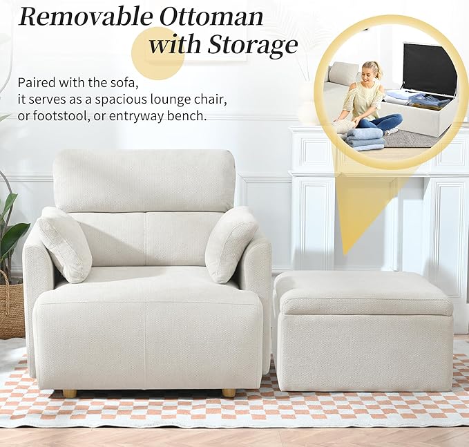 Modern Oversized Accent Chair with Storage Ottoman &amp Side Pillows Snowflake Fleece Upholstered Chaise Lounge Chair Deep Seat Reading Chair for Living Room 350lbs Capacity