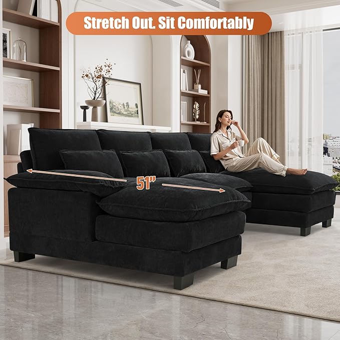 OUYESSIR U Shaped Sectional Couches for Living Room110 Cloud Sectional Sofa with Deep SeatModern Comfy Cloud Couch4 Seater Chenille Sofa with Double Chaise(Black)
