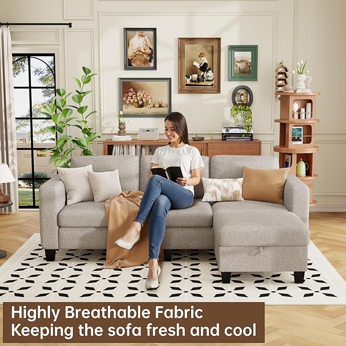 ZeeFu Sectional and Sofa Couches for Living Room - 78'' 3 Seater L-Shaped Modular Couch with Storage Ottoman - Modern Velevt Fabric Upholstered Sofa Set for Small Space Apartment Office (Mocha Brown)