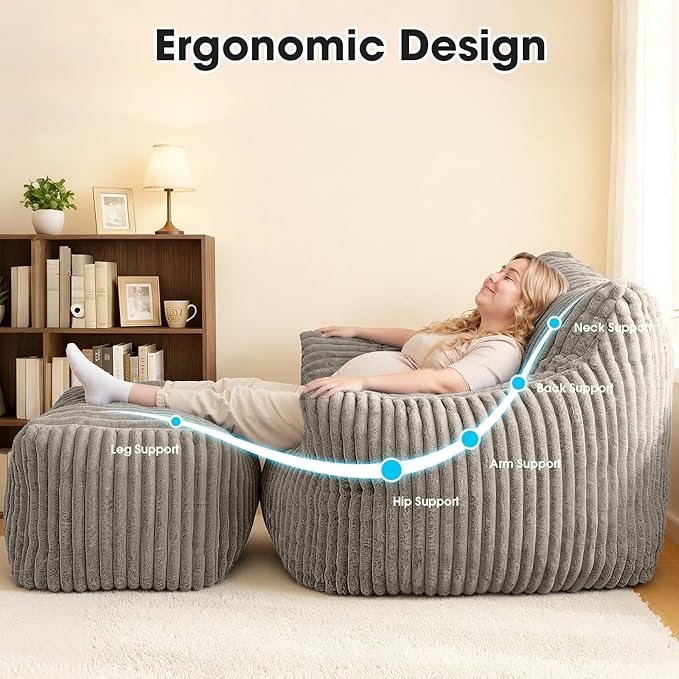 Giant Bean Bag Chair with Ottoman Oversized Memory Foam Bean Bag Sofa for Adults and Kids Large Comfy Fluffy Single Lounges Mini Couch for Living Room Bedroom &amp Dorm(Taupe)