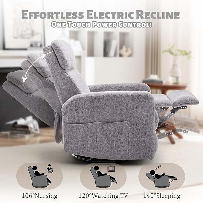Power Swivel Recliner Chairs for Adults Electric Glider Rocking Chair Nursery Glider Recliner Nursery Chair with Classified Side Pocket Nursery Rocking Chairs with USB and Type-C Ports
