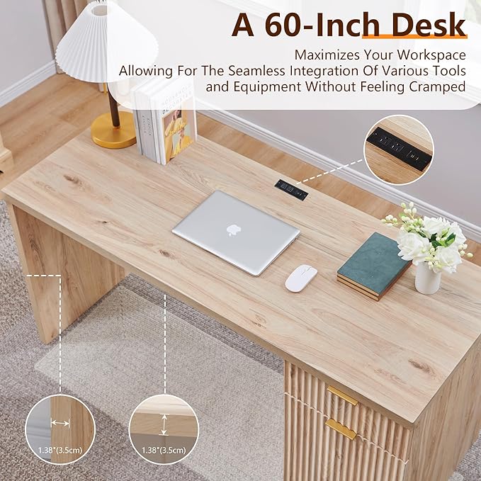 JXQTLINGMU 60 Modern Executive Desk with Storage Wood Home Office Desk with Drawer &amp Cabinet Fluted Computer Writing Desk for Study Living Room Bedroom Oak