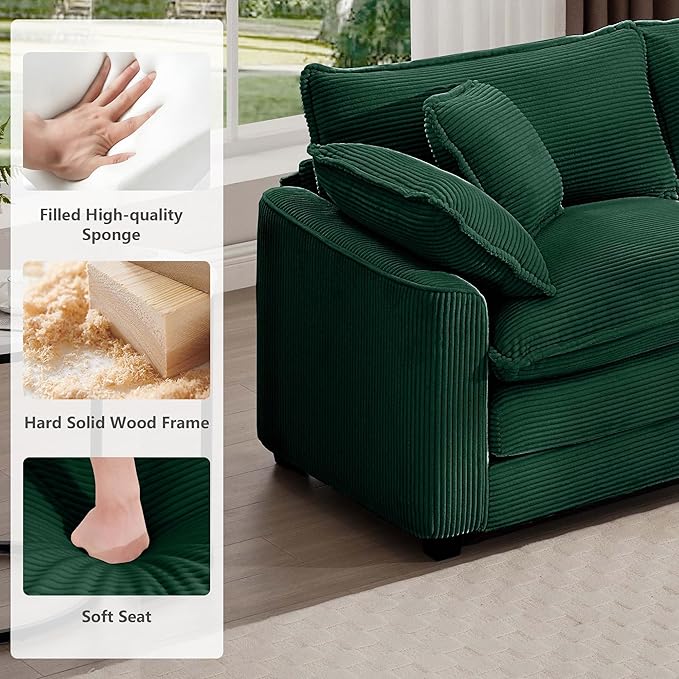 mikibama Luxury 2 Piece Sofa Set 3-Seater &amp Loveseat Couch Set Modern Corduroy Comfy Cloud Couches Set for Living Room Office with 4 Armrest Pillows and 5 Toss Pillows Green