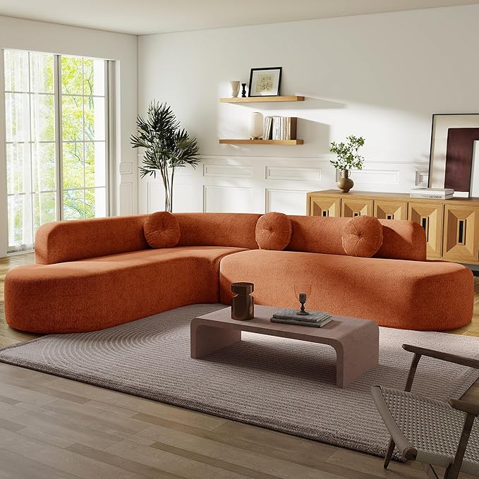 Deep Seat Curved Sectional Sofa - Cloud Round Couch with Elegant Curved Design &amp 3 Round Cushions L-Shaped Comfy 4 Seater Floor Sofa No Assembly Required (Orange)