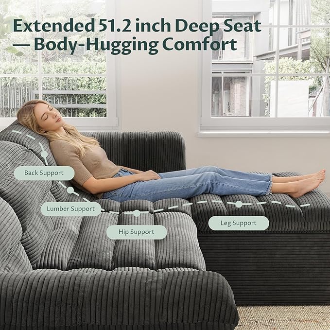 112 Modular Cloud Sectional Couch with Ottoman Modern Upholstered Compressed Sofa with Deep Seat Comfy L-Shape Corduroy Couches for Living Room No Assembly Required Dark Gray