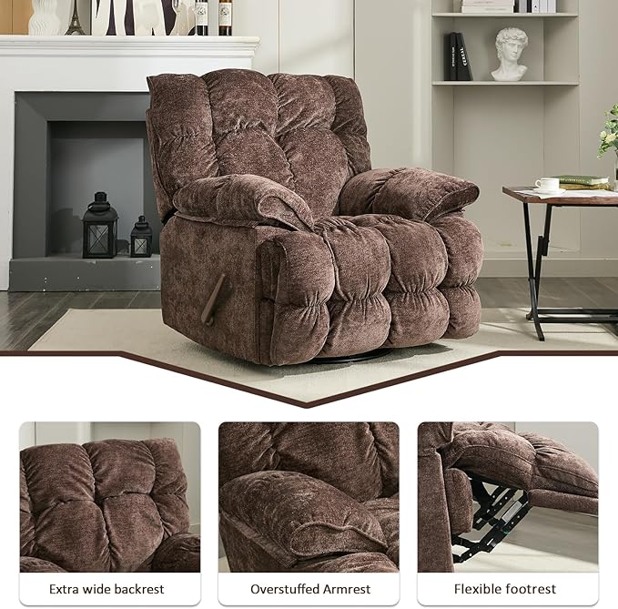 Oversized Rocker Recliner Chair for AdultsOverstuffed 360° Swivel Rocking Recliner Extra Wide Breathable Fabric Manual Reclining Single Sofa for Living Room (Brown)