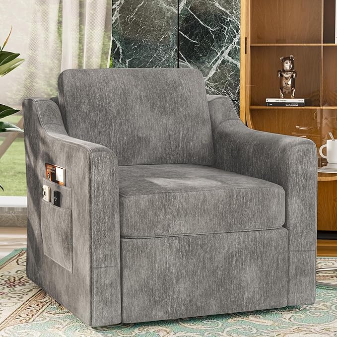 360° Swivel Accent Chair Large Comfy Reading Chairs Accent Square Single-seat Armchair Upholstered Sofa for Reading Nursery Living Room Bedroom Hotel Lounge Grey