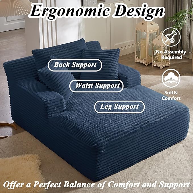 67 Inch Boneless Couch Oversized Chaise Lounge Sofa Corduroy Chaise Lounge Chair Indoor with Comfy Pillows for Living Room Bedroom Foam Filling No Assembly (Blue)