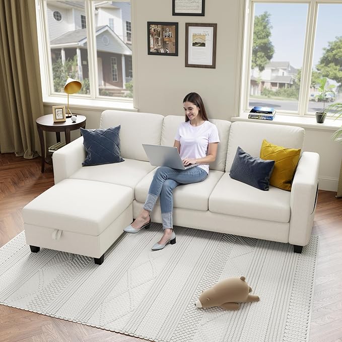 Youmumeub Sectional Couches for Living Room - Convertible Sofa and Storage Bench79''Modern Corner ConfigurationSuitable for Living Room Apartment Bedroom and Office-Beige
