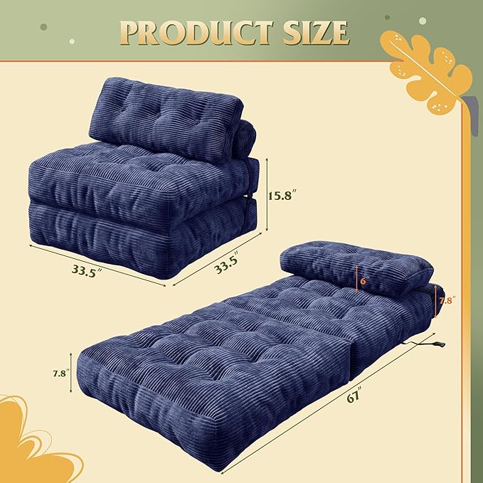 WLIVE Folding Sofa Bed for Living Room Boneless Chair Folding Chair Bed Bean Bag Chairs for Adults Pull Out Sofa Bed Dorm Bedroom Navy Blue