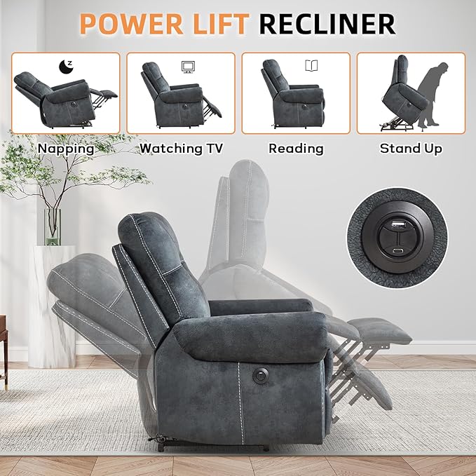 CANMOV Power Lift Recliner Chair with Massage and Heat Soft Fabric Massage Recliner for Elderly Overstuffed Single Reclining Sofa Vintage Rivet Mid-Century Design for Living Room Grey