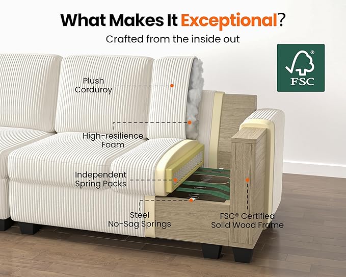 CHIC HOUSE Middle Module for Modular Couch Corduroy Customizable Chaise Storage Ottoman for Sectional Sofa Armrest Single/Double Seater