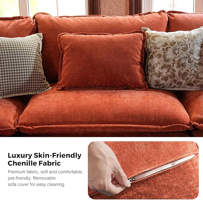 ELUCHANG 150 U Shaped Sectional Couch Comfy Cloud Modular Sectional Sofa with Movable Ottoman 6-Seat Deep Seat Modern Cloud Sofa Couches for Living Room Bedroom and Apartment Chenille Orange