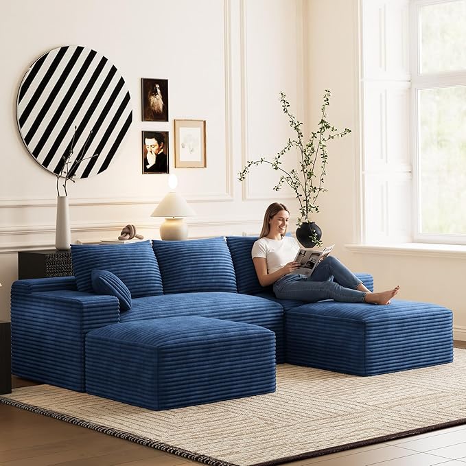 Modular Sectional Sofa Cloud Couch 108'' Comfy U Shaped Sectional Couches for Living Room Deep Seat Cozy Fluffy Corduroy Boneless Couch Sectionals Sofa with Movable Ottomanm Blue