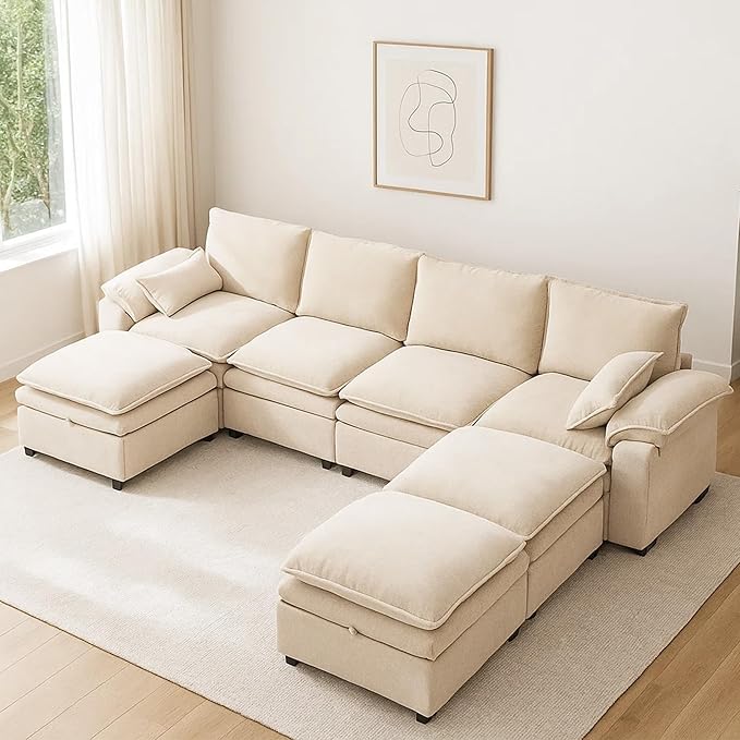 Large U-Shaped Sectional Couch Set - 6/7/8 Seater Oversized Cloud Sofa for Living Room Big Comfy Chenille Fabric Couches Extra Long Modular Sofa Bed Furniture (Beige 7-Seater Sofa)