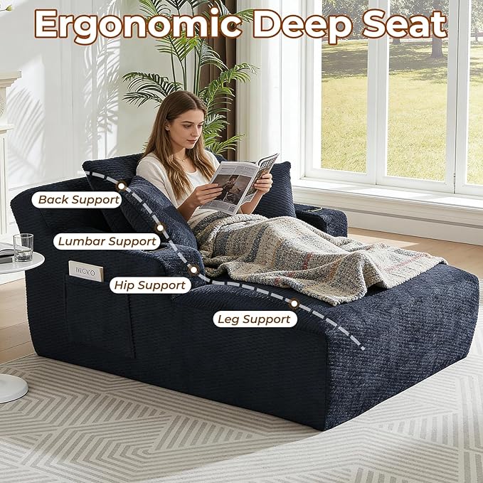Avenix 66 Boneless Oversized Chaise Lounge Chair Indoor Boneless Chaise Lounge Chairs Cloud Sleeper Sofa Couch Bed with 3 Pillows for Living Room Fluffy Boneless Oversized Reading Chairs Dark Blue