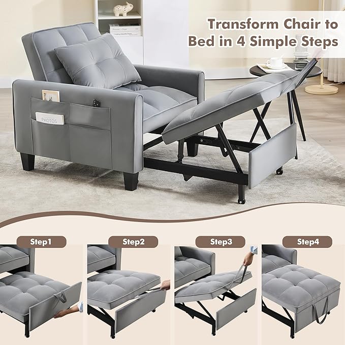 Convertible Sleeper Chair 3 in 1 Sleeper Chair Bed Velvet Pull Out Sofa Bed Chairs Single Sofa Beds with Adjustable Backrest for Adults Reading Living Room Bedroom Dark Grey