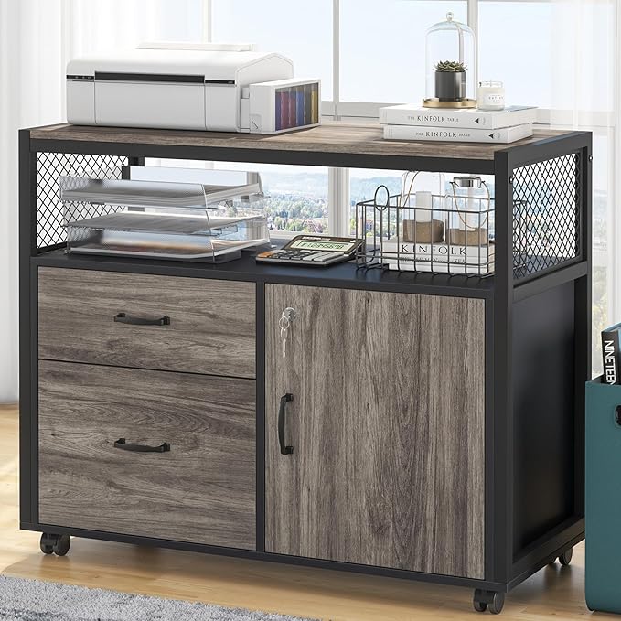 Tribesigns Modern File Cabinet with Drawers for Letter-Sized File and Door Lockable lateral Filing Cabinet Printer Stand with Storage Shelves and with Rolling Caster for Home Office (Gray)