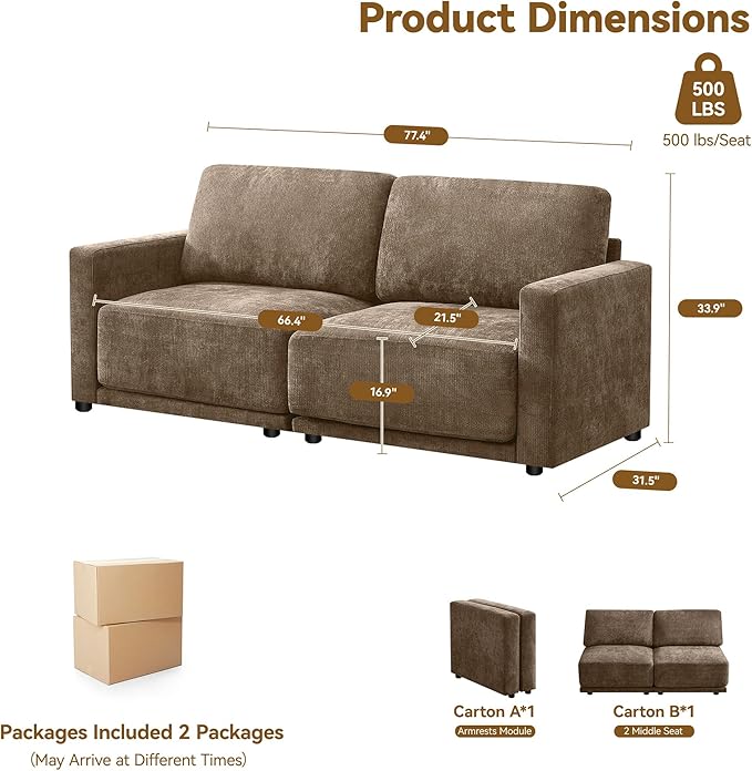 77.4 Chenille Modular Loveseat Oversized Upholstered 2 Seater Sectional Sofa with Thickened Cushions Easy Assembly Modern Comfy Love Seat Couch for Living Room Brown