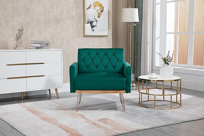Velvet Accent Chair Upholstered Living Room Accent Armchair Leisure Single Chairs with Rose Golden feet Tufted Sofa Chairs for Home Office Living Room Bedroom Small Space (Green)