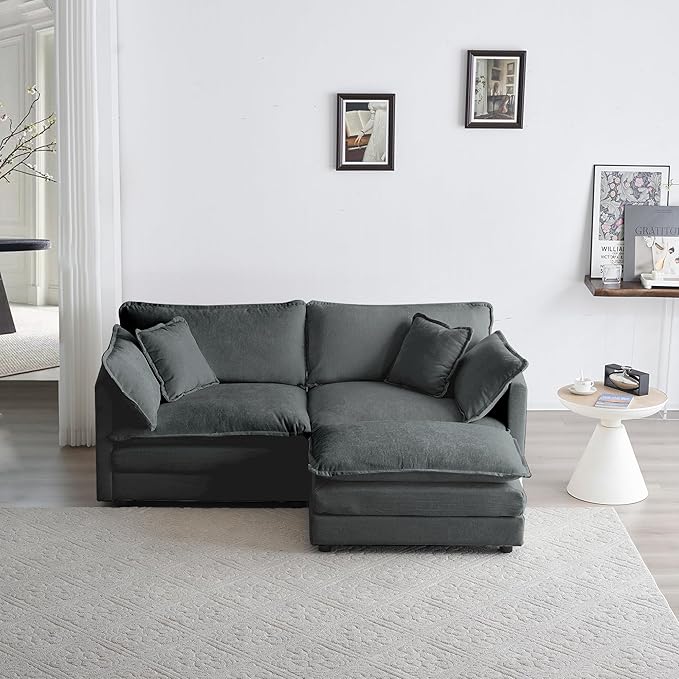 Deep Seat Cloud Loveseat Sofa Sectional Couch with Movable Ottoman 2 Seater Oversized L Shaped Corner Sofa Couches Comfy Chenille Love Seat for Living Room Bedroom Apartment Office