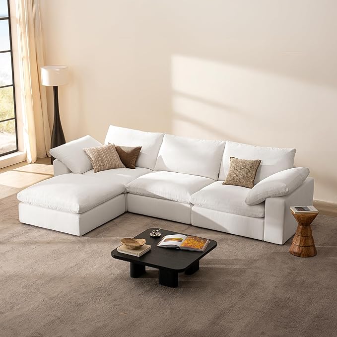 Modular Sectional Cloud Sofa for Living Room 110.2 L-Shaped Comfy Cloud Couch with Storage Ottoman 3-Seat Cozy Couch Deep Seat Wide Armrest Modern Sofa for Bedroom (White1 Ottoman)