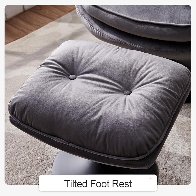 Swivel Accent Chair with Ottoman Set Velvet Modern Lounge Armchair with Metal Base Frame &amp Footrest Comfy Lazy Single Leisure Chair with 360 Swiveling for Living Room/Bedroom/Grey