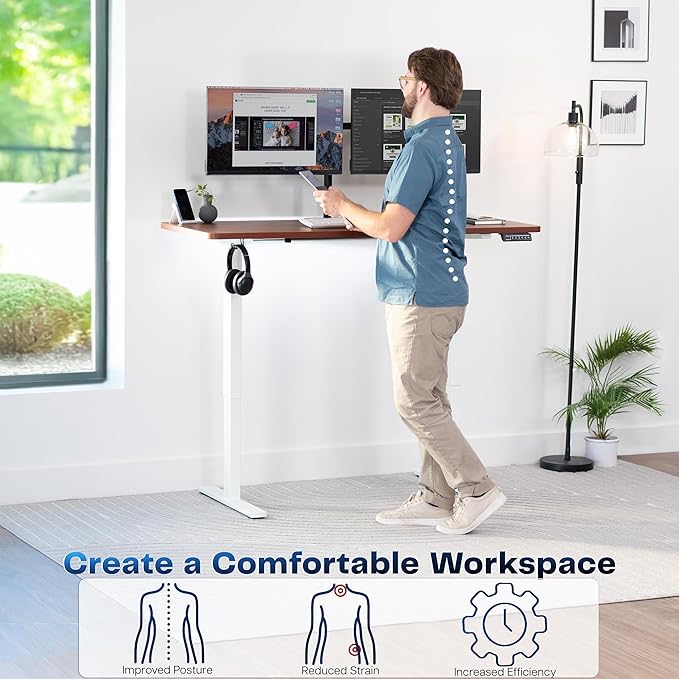 VIVO Electric 60 x 24 in Standing Desk Memory Height Adjustment 1B Series Holds 220 lbs One-Piece Dark Walnut Top White Frame DESK-KIT-1W6D