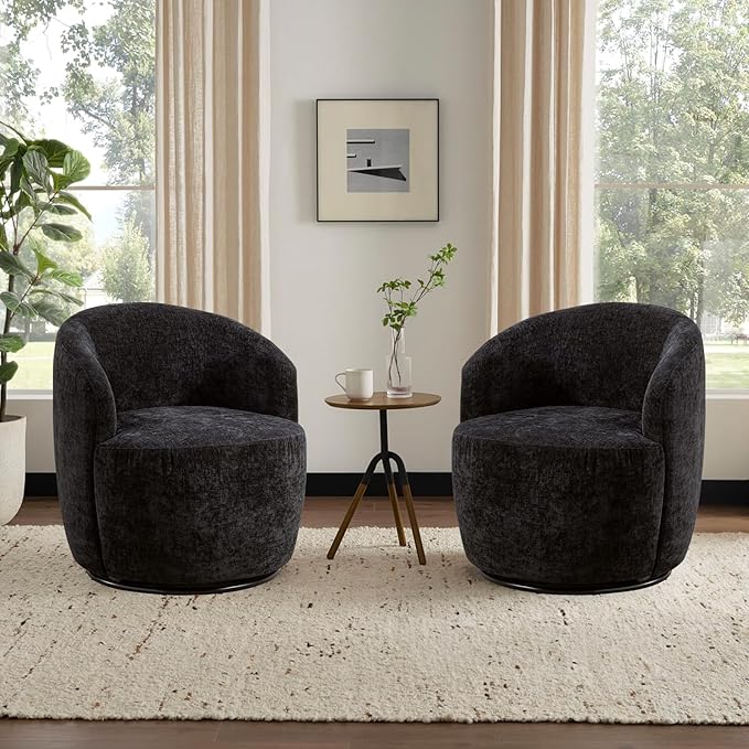 Swivel Accent Chair360 Degree Chenille Small Swivel Barrel ChairUpholstered Comfy Arm ChairModern Round Swivel Bucket ChairSingle Sofa Chair for Living RoomBedroomNursery(Black)