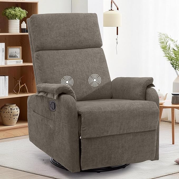 Swivel Rocking Recliner with Massage Small Glider Chair for Nursery Modern-Designed Armrests Chair for Adults Living Room Chenille Brown