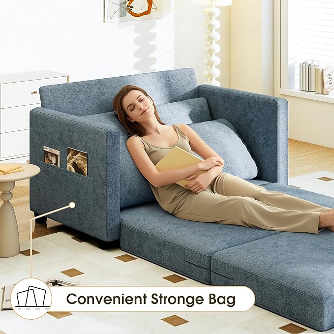 51 Convertible Loveseat Sofa Bed 2-in-1 Folding Sofa Bed with 2 Pillow for Small Spaces Modern Loveseat Sleeper Couch for Apartment Living Room &amp Guest Room (Light Blue)