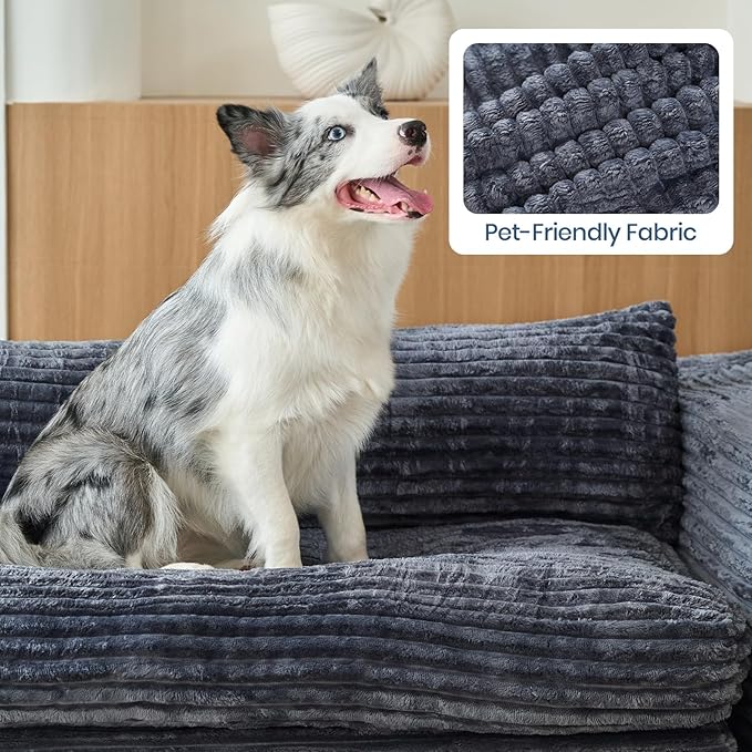 Belffin Plush Corduroy Boneless Cloud Couch with Deep Seat Convertible Sleeper Sofa Bed Cloud Boneless Sectional Couch No Assembly Required. Grey Sofa