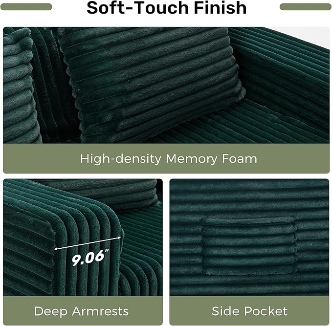 Boneless Couch Sofa 2-Seater Foam Sofa Love Seat Furry with 2 Pillows &amp 2 Side Pockets for Living Room (Green)