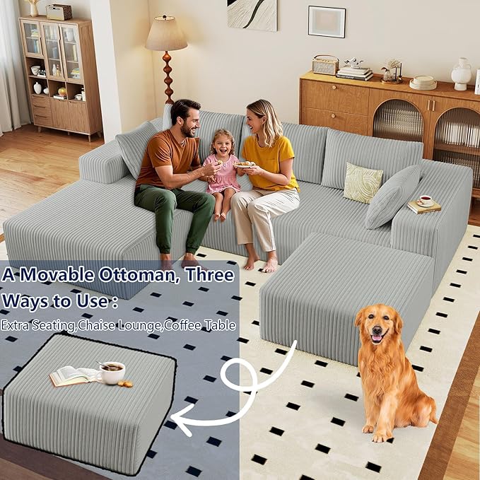 96 Modular Sectional Sofa with Ottoman Modern Corduroy Cloud Couch with Deep Seat Boneless Couch Upholstered 3-Seater U-Shaped Sofa for Living Room No Assembly (Light Grey Left-Facing Chaise)