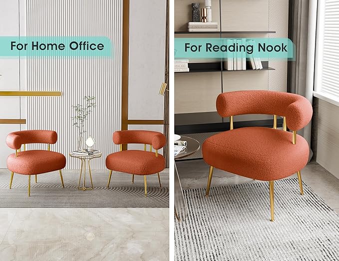 Mid Century Sherpa Boucle Accent Chair Round Upholstered Barrel Arm Chair for Small Spaces Fluffy Side Corner Sofa Chair for Living Room Bedroom Vanity Office Reading Nook(Orange)