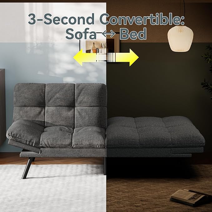 Vyfipt Convertible Futon Sofa Bed Grey Linen Futon Couch with Adjustable Backrest &amp Armrests Folding Small Recliner Sleeper Sofa Bed for Living Room Apartment Office
