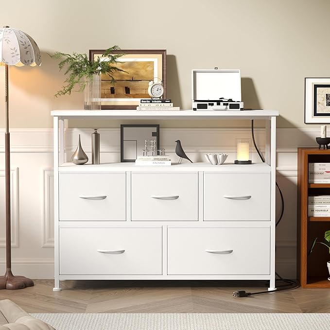 DUMOS TV Stand Dresser with 5 Fabric Storage Drawers Media Console Featuring Open Shelf Fabric Storage Cabinet with Charging Station Compact Entertainment Unit for Bedroom Living Room White