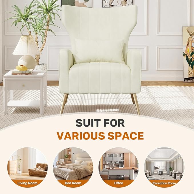 Beige Velvet Accent Chair Set of 2 Wingback Chair for Living Room High Back Arm Chair with Golden Legs Lumbar Pillow Upholstered Single Sofa Bedroom