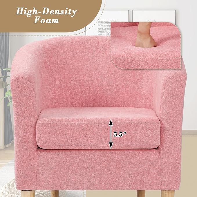 Athena Collection Modern Accent Chair with Ottoman Linen Barrel Sofa Chair Comfy Upholstered Armchair Reading Chair with Thickened Seat Cushion for Bedroom Living Room Pink