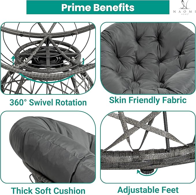 Naomi Home 40” Papasan Chair Indoor with Cushion and Frame – Round Wicker Papasan Chair with Thick Tufted Cushion Sturdy Metal Base Large Reading Chair for Bedroom &amp Living Room Dark Gray