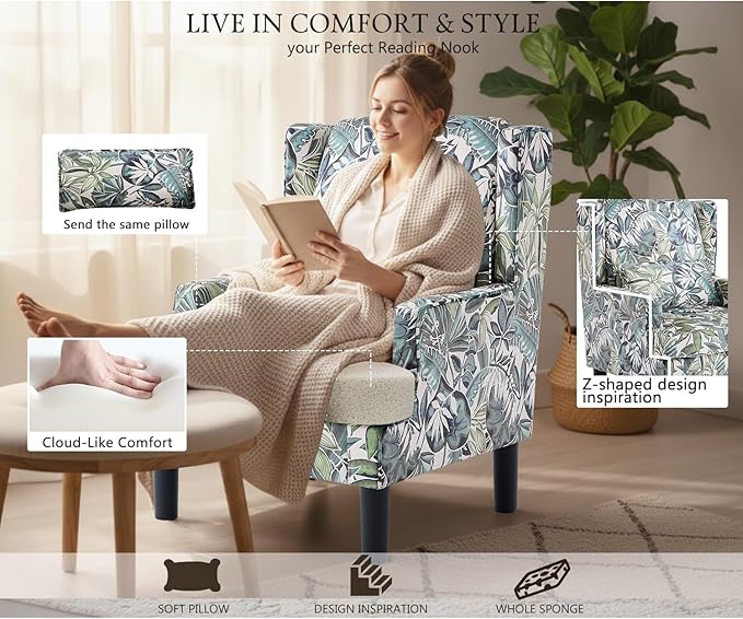 Modern Accent Chair for Living Room Chairs Oversized Reading Chair Accent Chairs for Living Room Sofa Chair with High Back and Wood LegsUpholstered Armchair Comfy Chair for Bedroom(Green Floral)