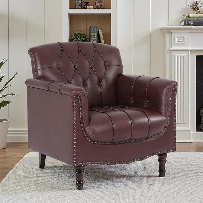 Faux Leather Accent Chair PU Leather Modern Comfy Upholstered Armchair with Wood Legs &amp Nailhead Trim for Living Room Bedroom (RedSet of 2)