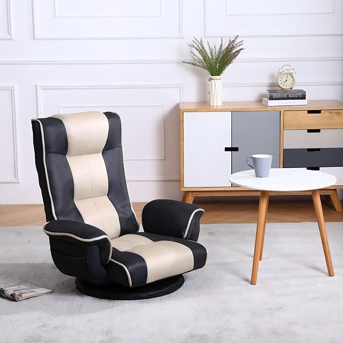 Linen Fabric Ergonomic Gaming Chair 6-Position Reclining Sofa Bed with Lumbar Support Foldable Floor Lounger with Thick Cushion Armrests &amp Side Pockets for Esports Reading Napping (Brown + Be