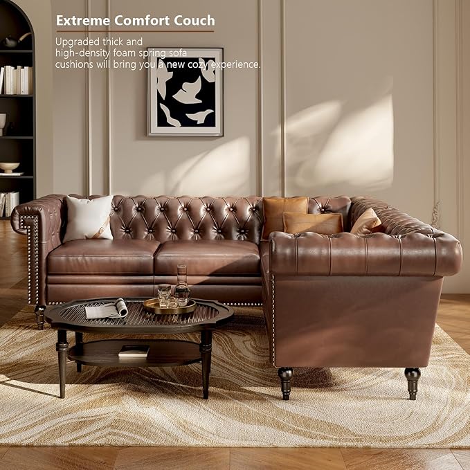Faux Leather Sectional Sofa Couch for Living Room L Shaped Reversible Modern Chesterfield Sofa with Rolled Arms and Nailhead 5 Seat Tufted Couch for Small or Large Space (Dark Brown)