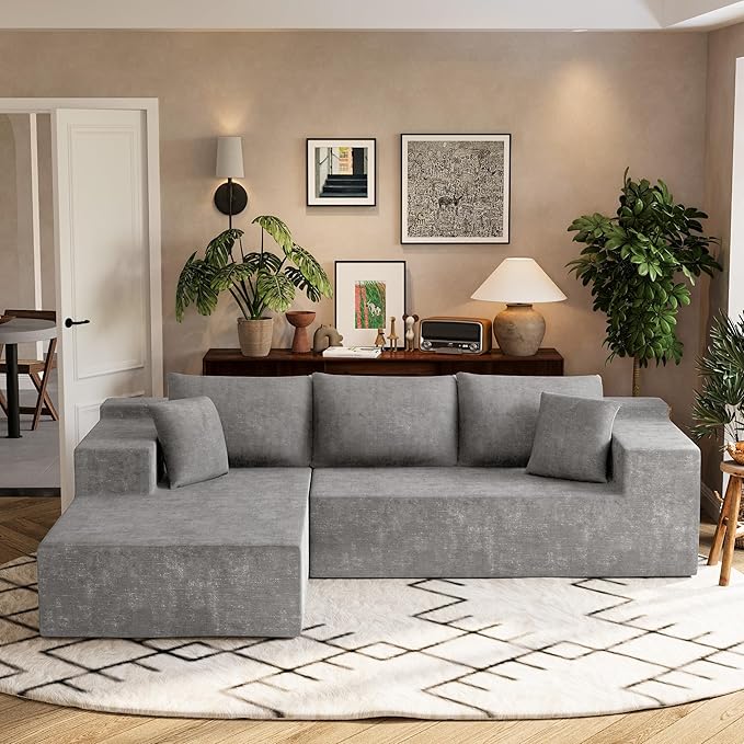 Homall 108 Modular Sectional Sofa Boneless Couch with L-Shape Chaise Cloud Couch with Deep Seat Upholstered No Assembly Required for Living Room Bedroom (Chenille Grey)