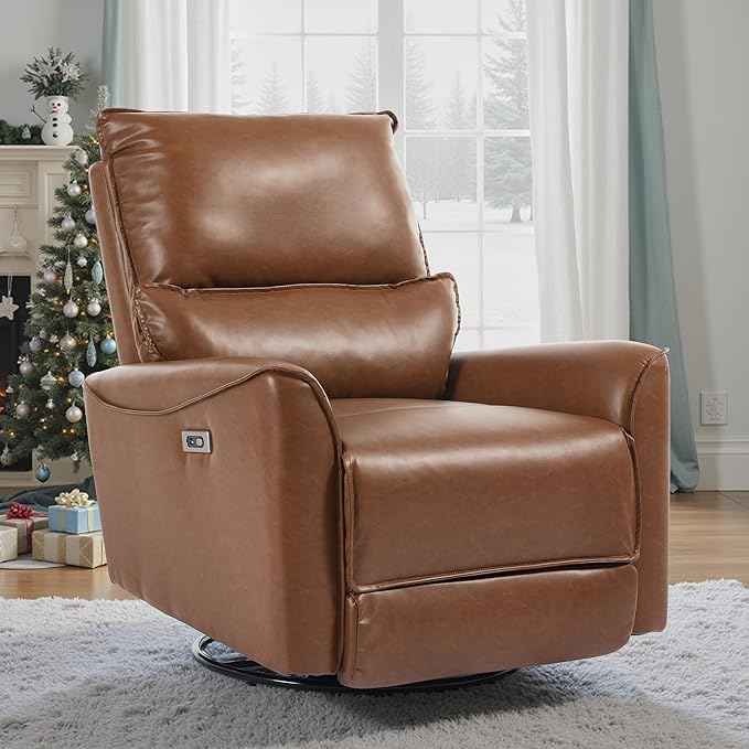 Power Swivel Rocker Recliner PU Leather Glider Electric Rocking Chair with Charging Ports and Lumbar Support Electric Wall Hugger Recliner for Living Room Bedroom Nursing RV Brown