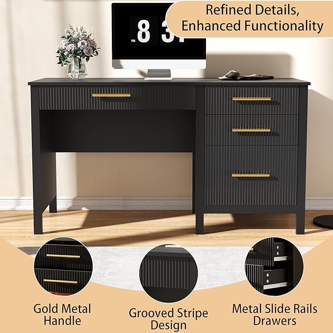 Modern Executive Desk with Drawers: 54 Black Computer Desk with File Drawer Wood Writing Desk with Storage Fluted Home Office Desks for Living Room