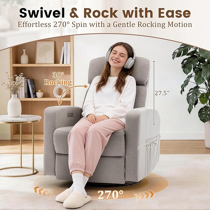 Power Swivel Recliner Chairs for Adults Electric Glider Rocking Chair Nursery Glider Recliner Nursery Chair with Classified Side Pocket Nursery Rocking Chairs with USB and Type-C Ports