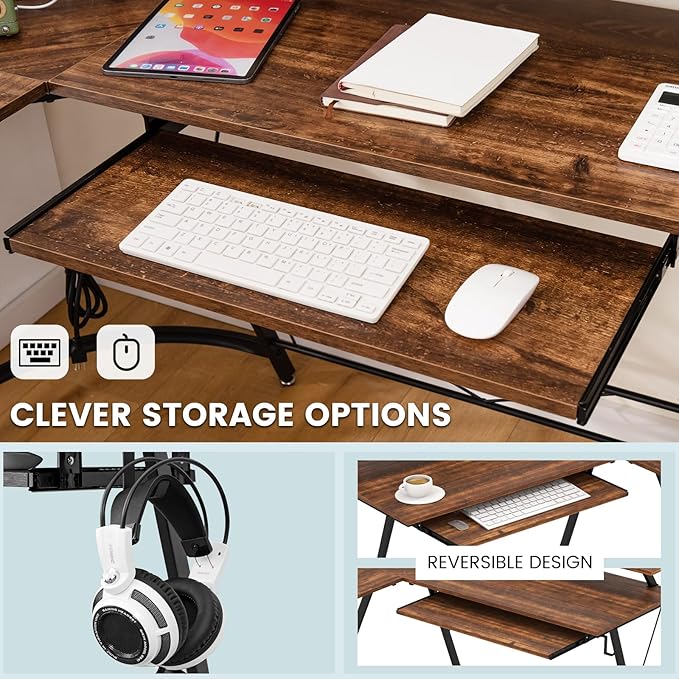 Tangkula L-Shaped Computer Desk with Power Outlet 51 Corner Computer Workstation with Monitor Stand Keyboard Tray &amp Headphone Hook Ergonomic Gaming Desk for Home Office (Rustic Brown)