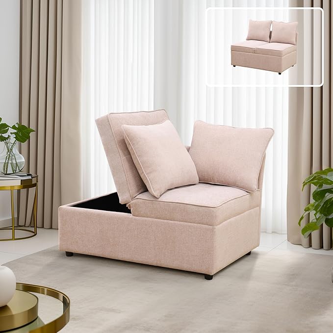 Convertible Ottoman Sofa with Storage Modern Sackcloth Futon Couch with 2 Pillows Adjustable Backrest Recliner Folding Loveseat for Living Room Apartment Dorm OfficePink